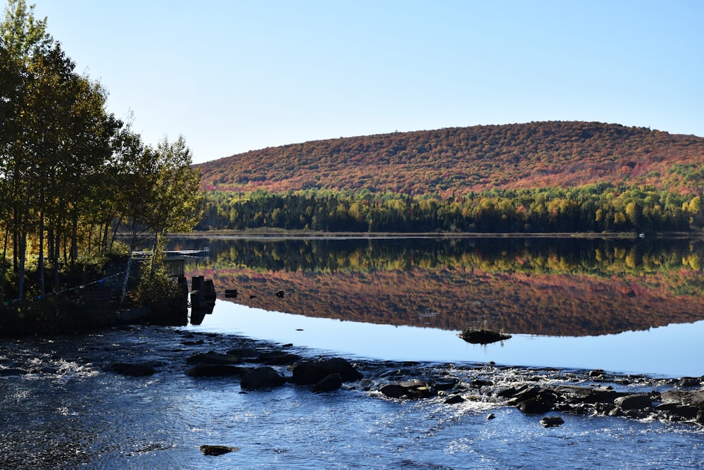 a couple of people standing on the shore of a lake