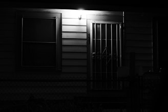 A dimly lit exterior door and window on a house at night, with a security grille over the door, illuminated by a single overhead light, casting shadows on the siding.