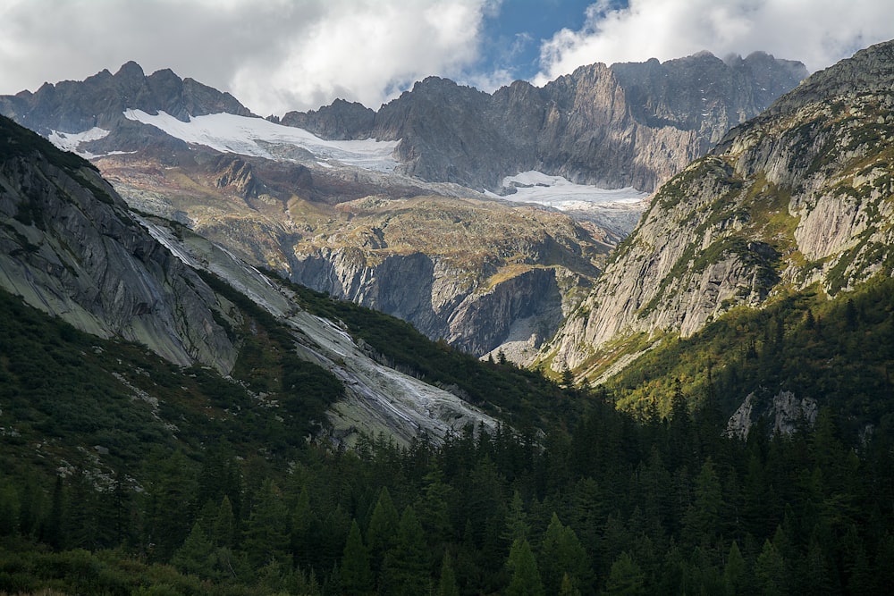 the mountains are covered in snow and trees