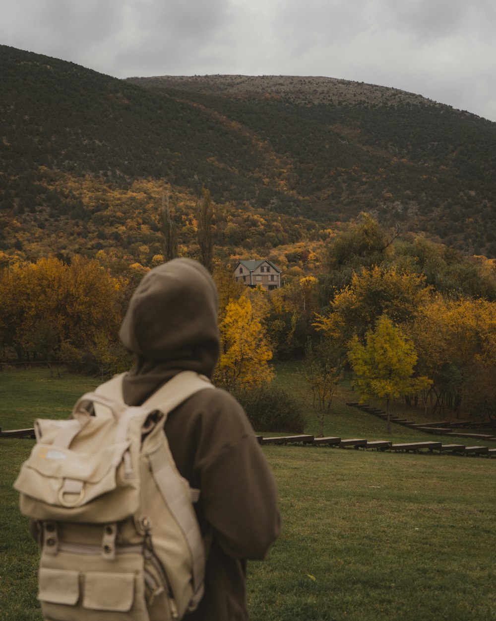 a person with a backpack looking at a house