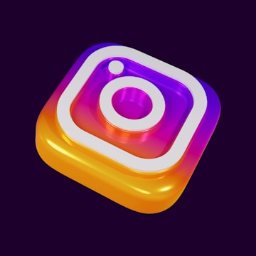 A 3D-rendered, colorful Instagram logo icon with a glossy effect, featuring a gradient from purple to orange. The background is a deep purple, highlighting the vibrant colors of the logo.