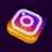 A 3D-rendered, colorful Instagram logo icon with a glossy effect, featuring a gradient from purple to orange. The background is a deep purple, highlighting the vibrant colors of the logo.