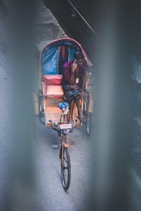 A person is seated on a bicycle rickshaw, talking on a mobile phone. The rickshaw has a blue and pink interior with a number plate visible at the front. The scene is viewed from above, through blurred vertical bars.