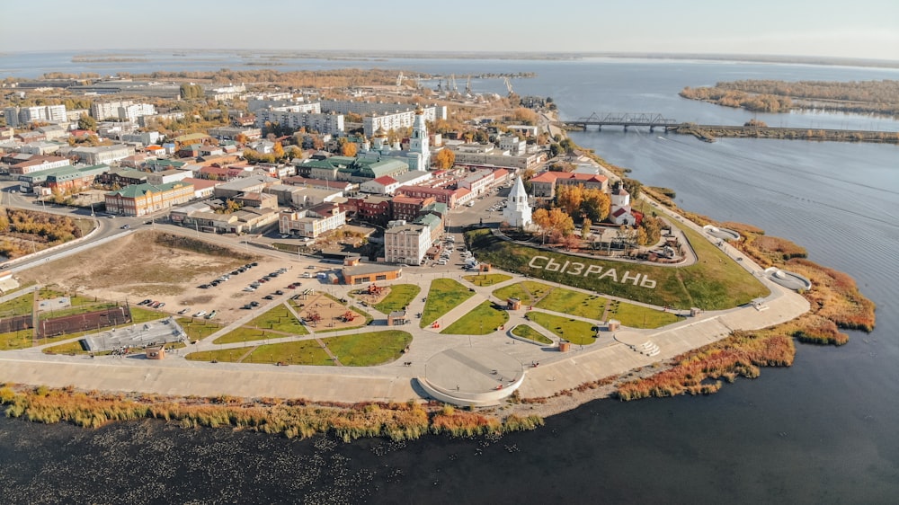 an aerial view of a city with a river running through it