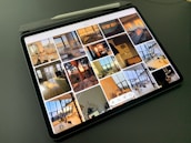 A tablet displaying a collection of interior design photos, showcasing rooms bathed in warm sunlight. The images feature modern, stylish living spaces with large windows, cozy seating, and decorative elements.
