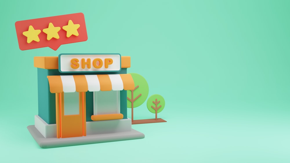 a small toy store with a green background