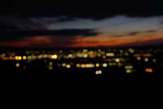 A blurred photograph capturing a cityscape at dusk, lights flickering through a soft haze.