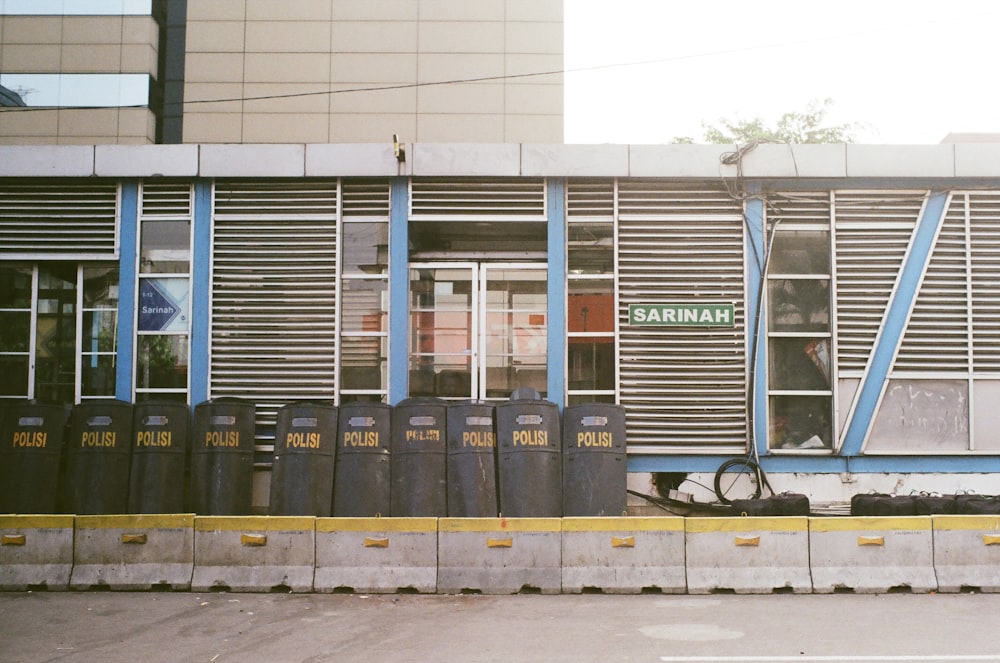 a building with a bunch of luggage in front of it