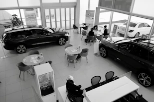 A friendly consultant discussing car options with a client in a cozy office.