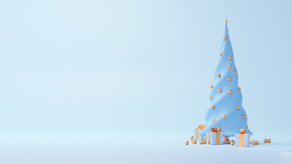 Un árbol de Navidad azul rodeado de regalos