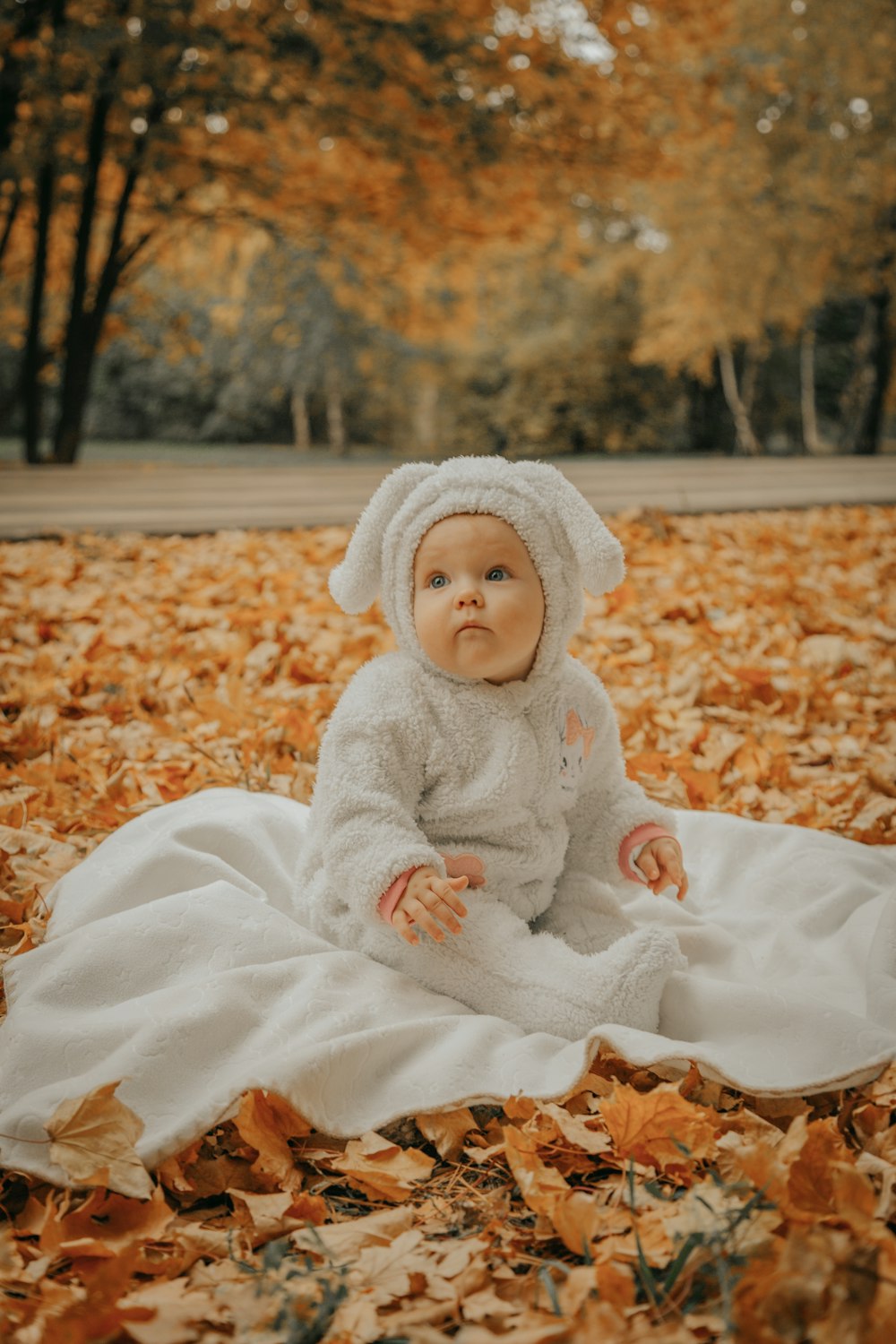 a baby sitting on a blanket surrounded by leaves