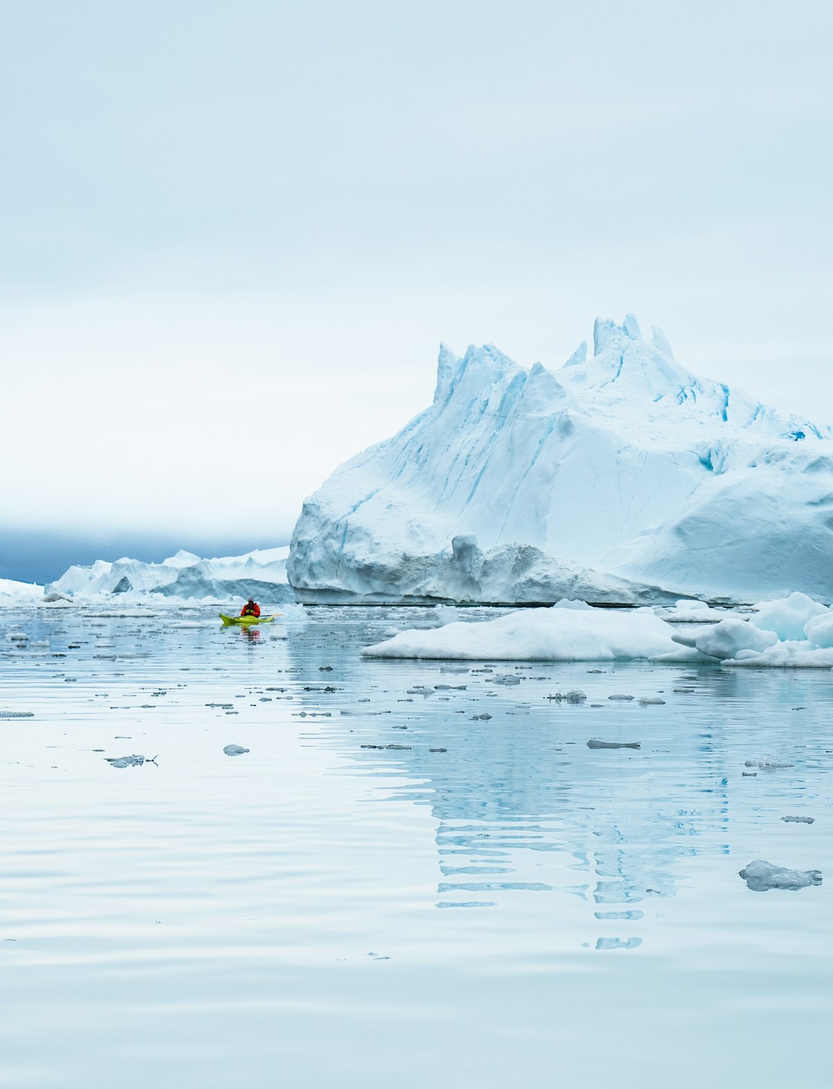 Massive blue icebergs rising from calm Antarctic waters under an overcast sky