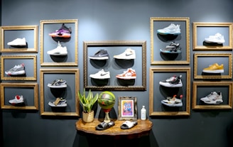 a wall with a bunch of shoes on it