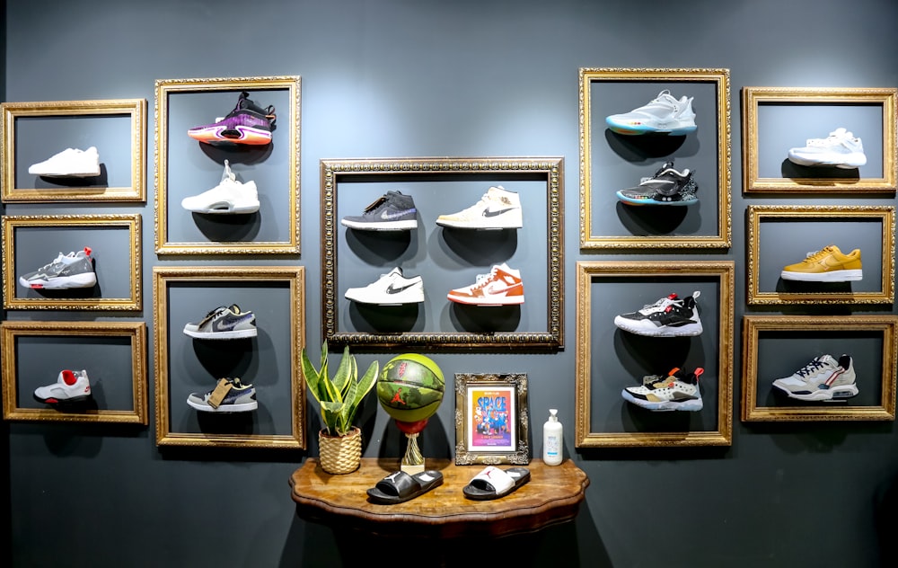 a wall with a bunch of shoes on it