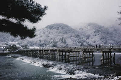 a bridge over a body of water with a mountain in the background