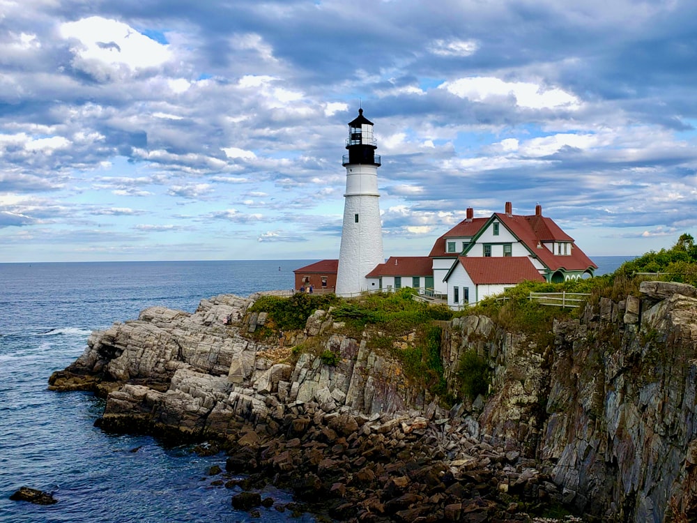 a lighthouse on a rocky cliff near the ocean