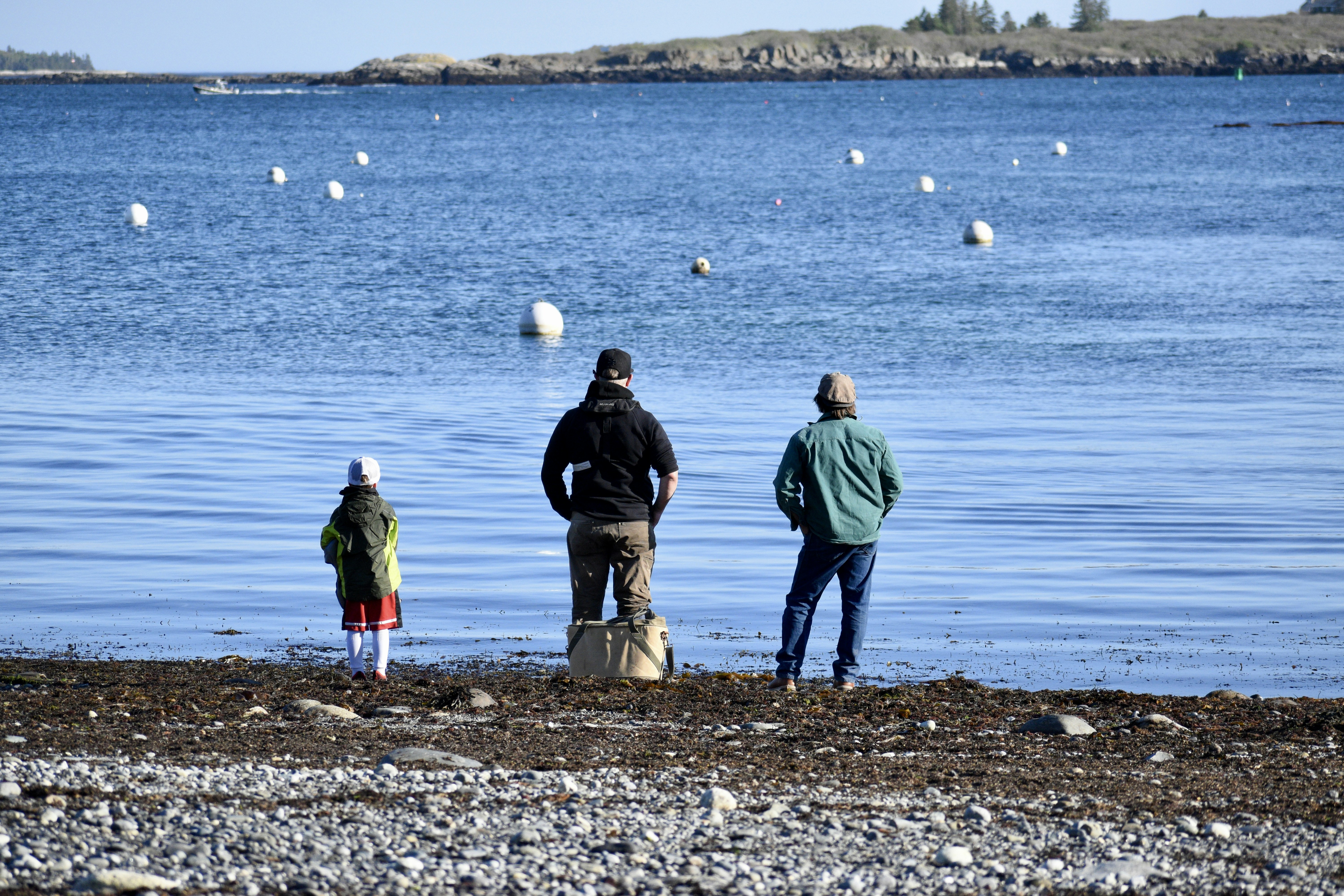 수역 옆에 서있는 사람들의 그룹