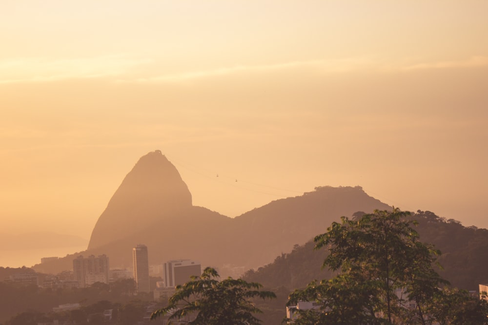 a view of a city with a mountain in the background