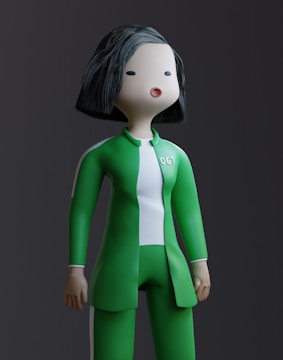 A cartoonish 3D character with a simple facial expression, featuring solid black hair and a light skin tone. The character is dressed in a green tracksuit with the number '067' on the chest, against a plain dark background.