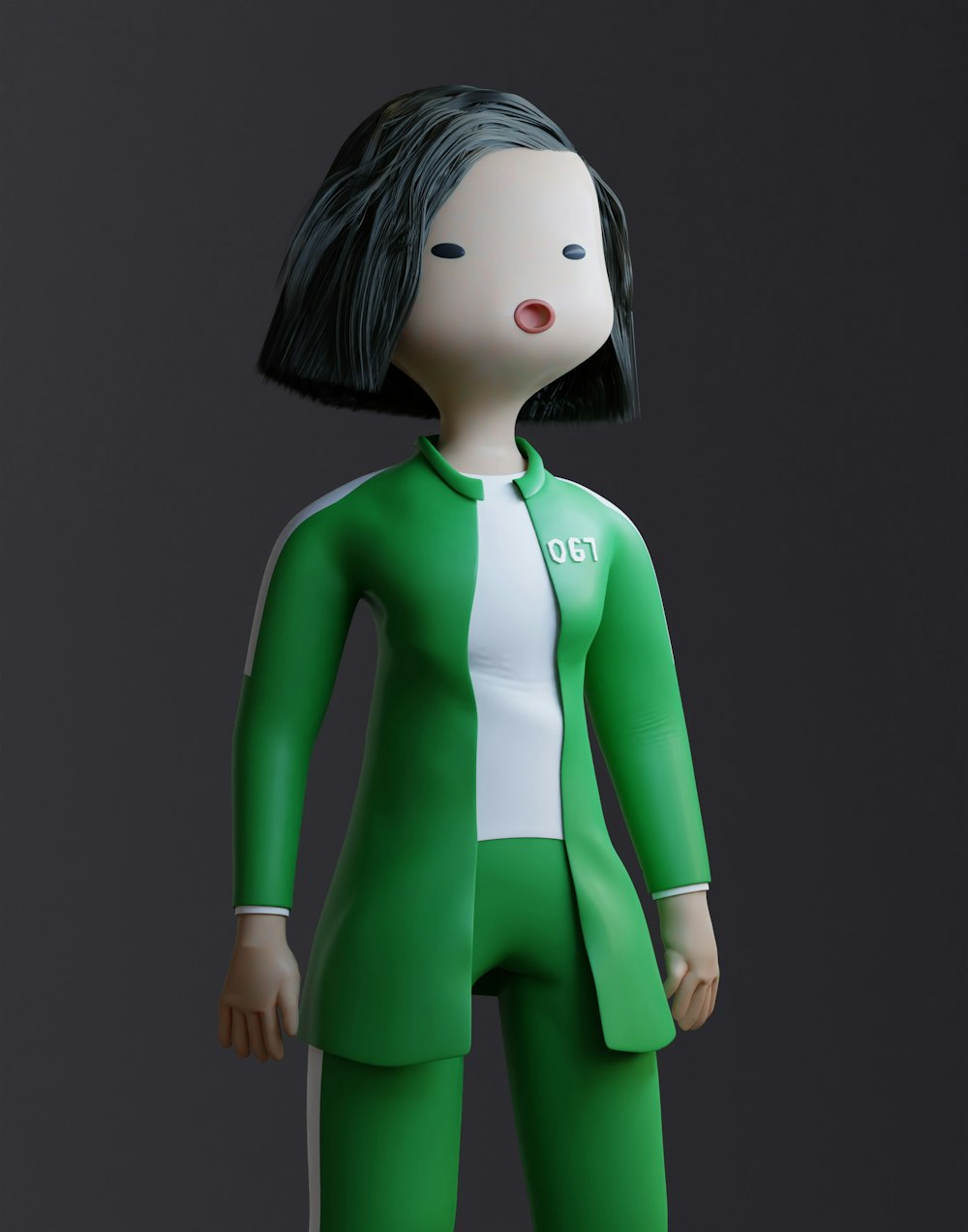 a doll with a green suit and white shirt