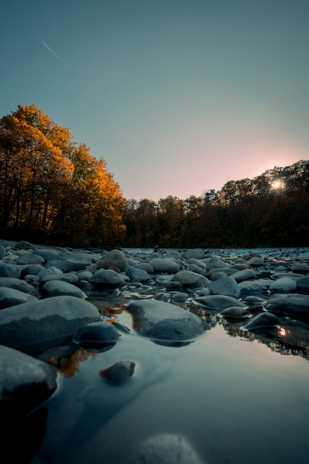 a river with rocks and trees in the background