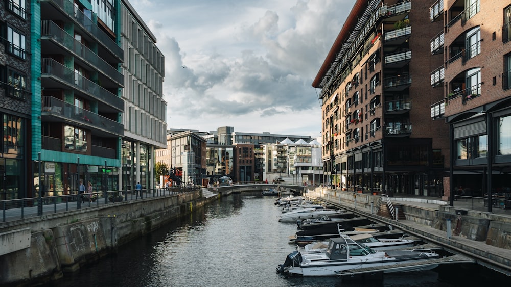 a river running through a city next to tall buildings