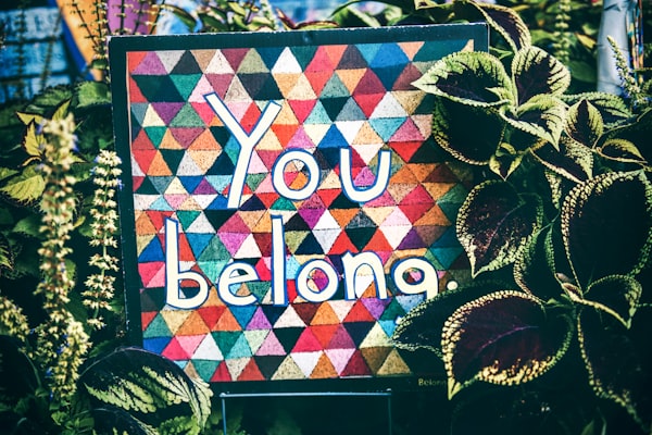 the words "you belong" on a colorful triangular quilt-like pattern, with plants in front