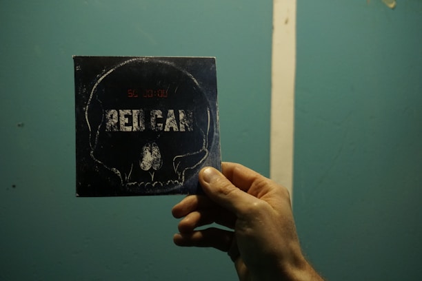 A hand holds a dark-colored card or CD case with an image of a skull and the text 'RED CAR' printed on it. The background is a solid turquoise color with a white vertical line.