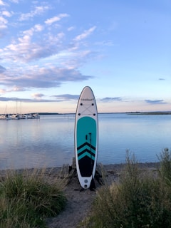 a blue and white surfboard sitting on top of a beach