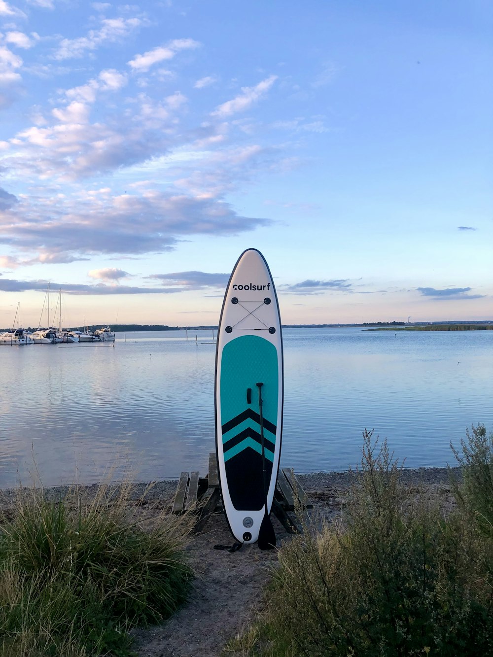 a blue and white surfboard sitting on top of a beach