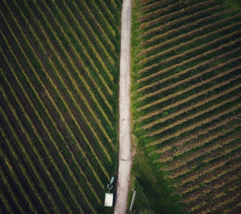 an aerial view of a tractor in a field