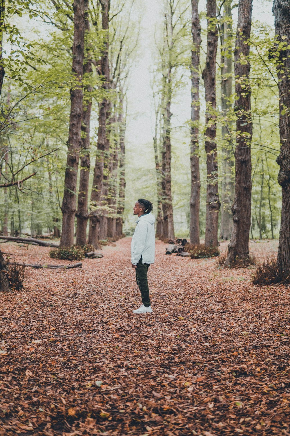 a woman standing in the middle of a forest