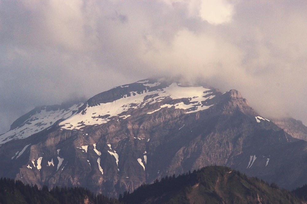 a large mountain covered in snow under a cloudy sky