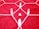 Clear quartz crystals arranged on a red rug with a white geometric pattern. The crystals are positioned in a symmetrical formation, creating a visually striking arrangement.