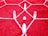 Clear quartz crystals arranged on a red rug with a white geometric pattern. The crystals are positioned in a symmetrical formation, creating a visually striking arrangement.
