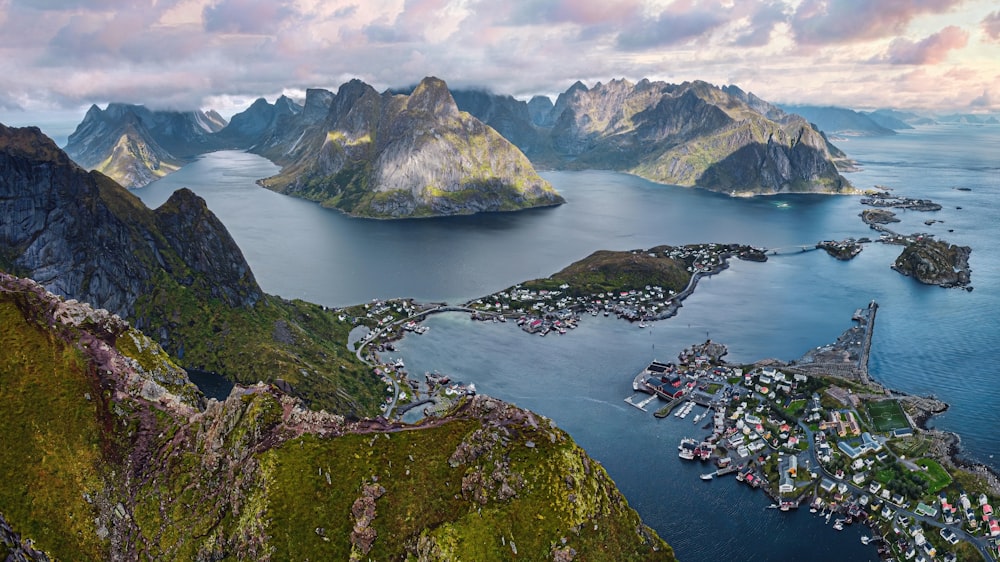 an aerial view of a small town on an island