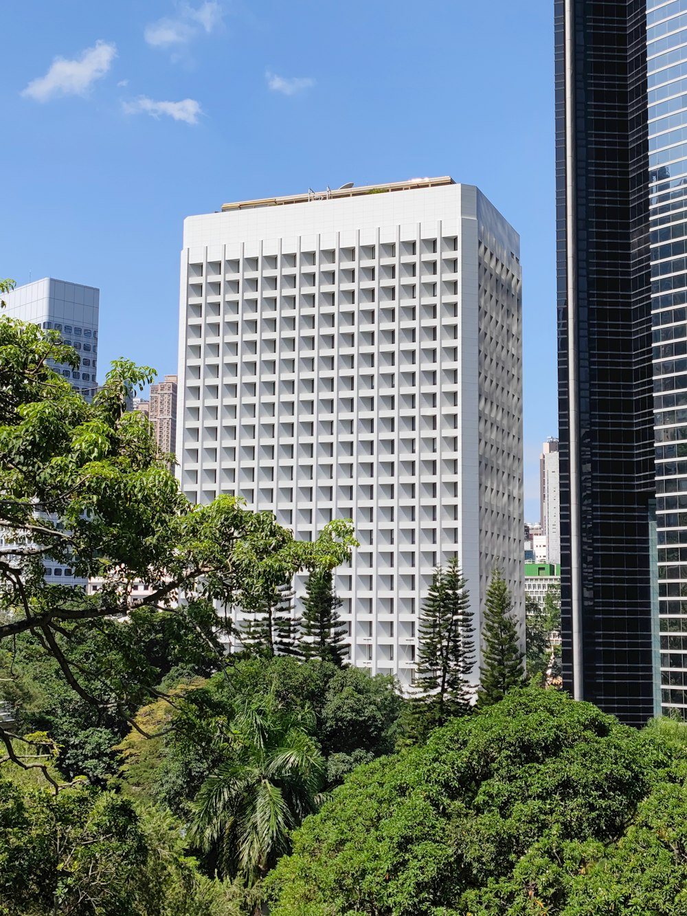 a tall white building sitting next to a lush green forest