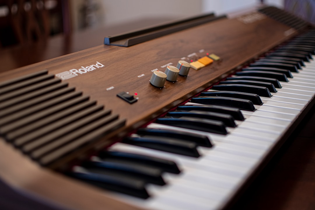 a close up of a piano keyboard with many knobs