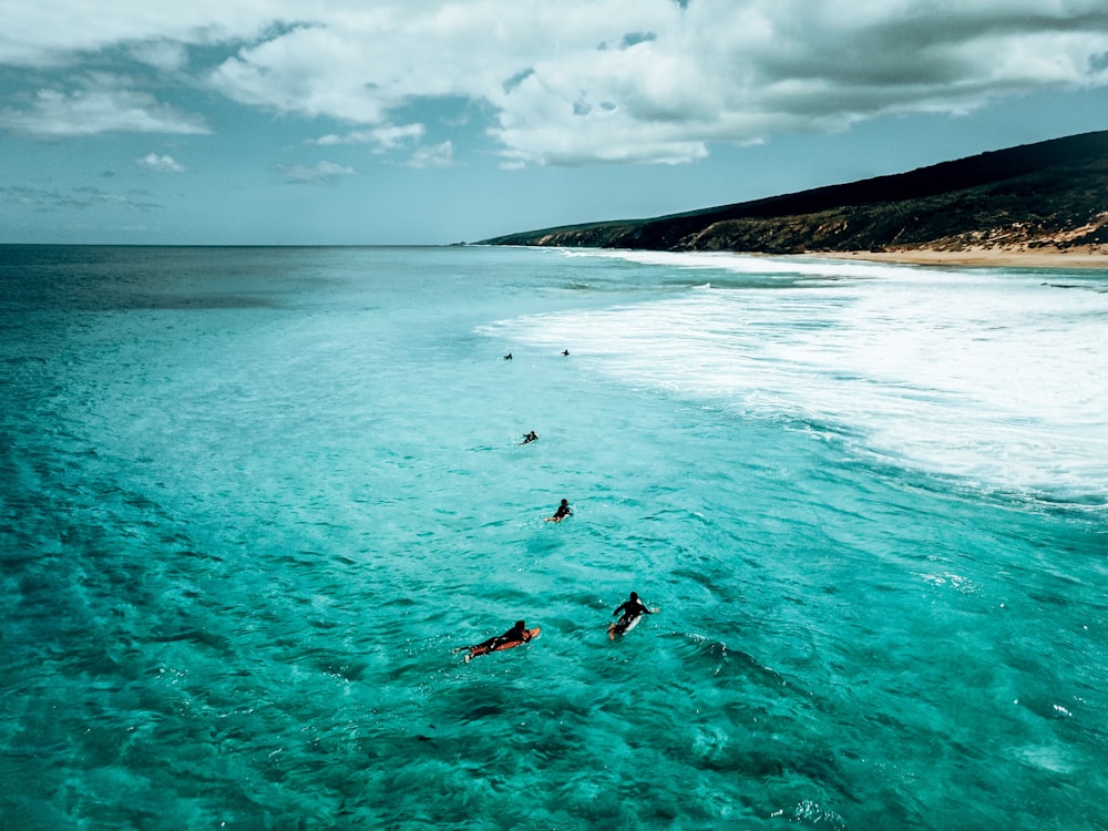 a group of people swimming in the ocean