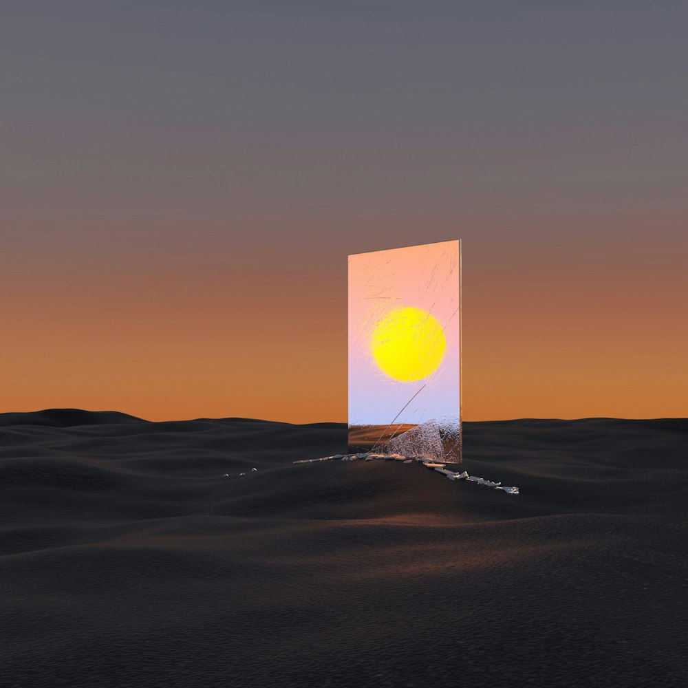 uma imagem gerada por computador de um objeto quadrado no meio de um deserto