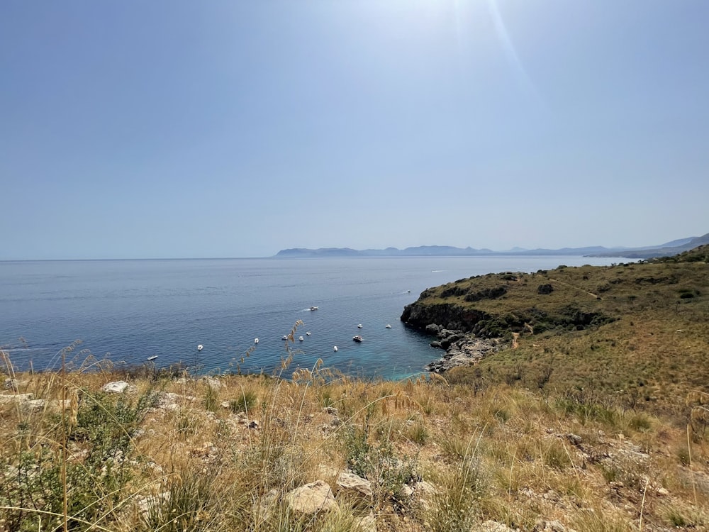 a large body of water sitting next to a lush green hillside