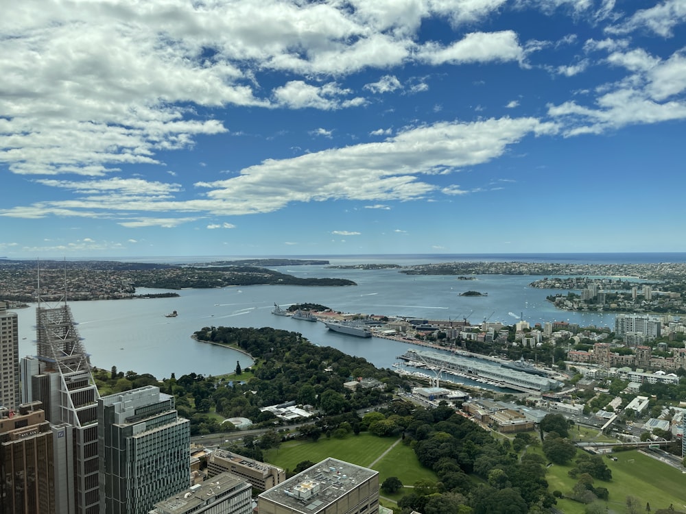 a view of a large body of water from a tall building