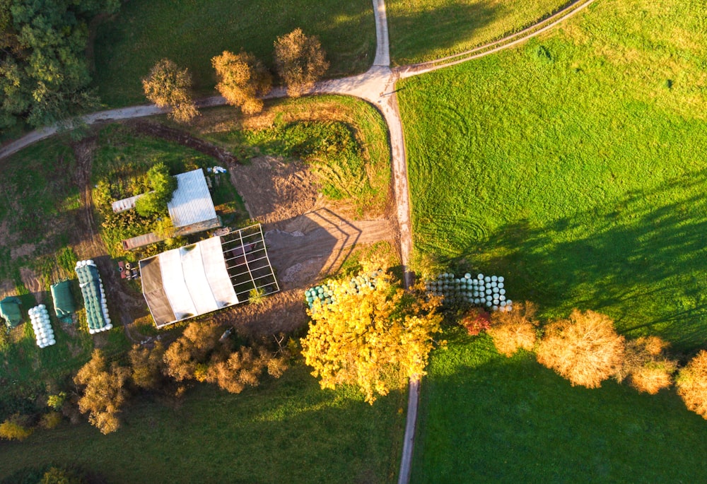 an aerial view of a farm in the country