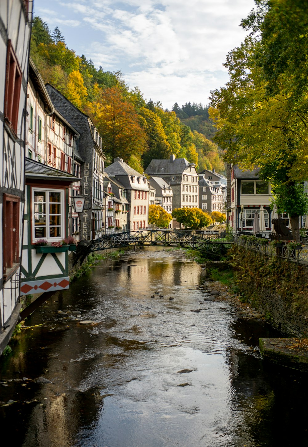 a river running through a small town surrounded by trees