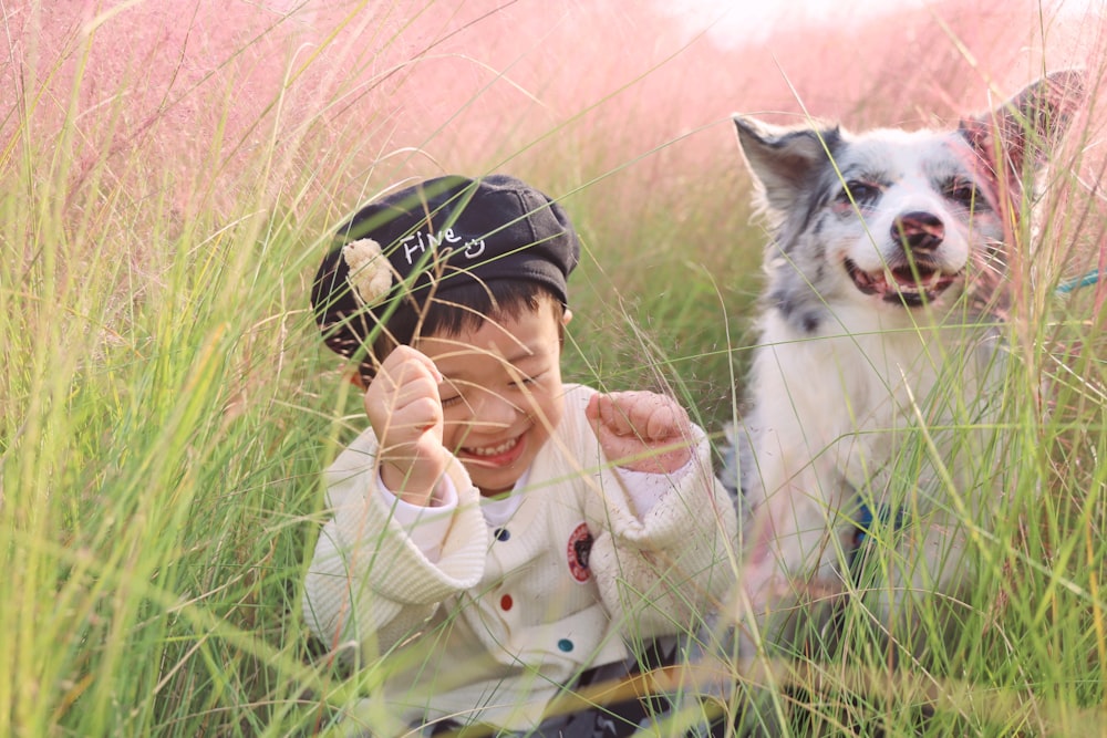 a dog sitting in the grass