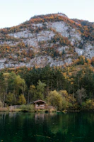 A rustic cabin overlooking a serene lake surrounded by autumn foliage.