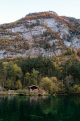 A serene lakeside cabin surrounded by gentle morning mist and autumn trees.