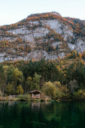 A rustic cabin overlooking a serene lake surrounded by autumn foliage.