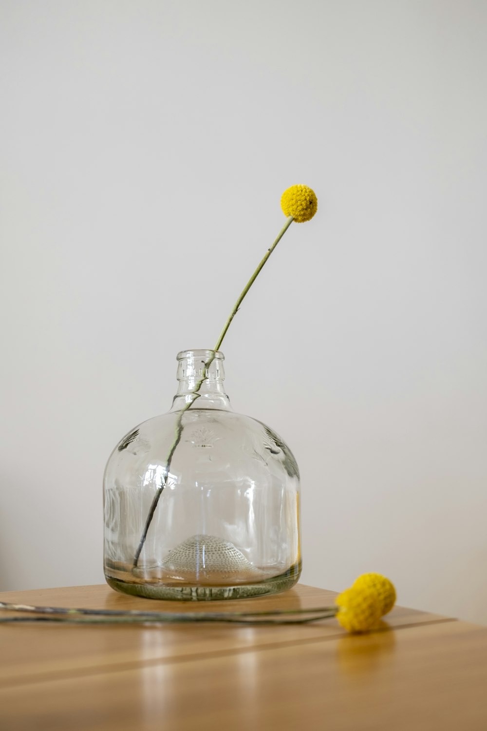 a glass vase with a single yellow flower in it