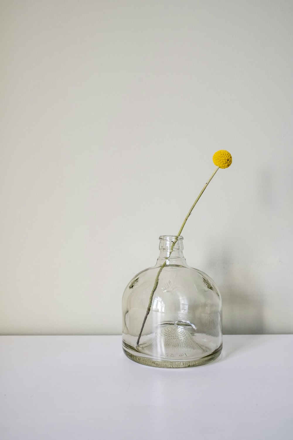 a single yellow flower in a glass vase
